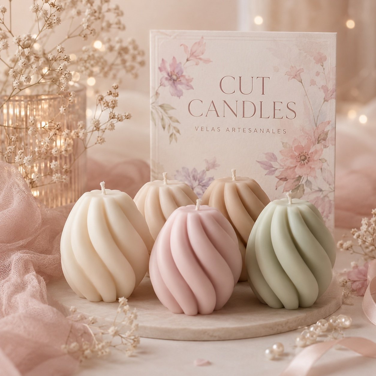 Velas Espirales de Seda con forma de huevo en espiral, tonos pastel, hechas a mano en Mallorca — Cut Candles
