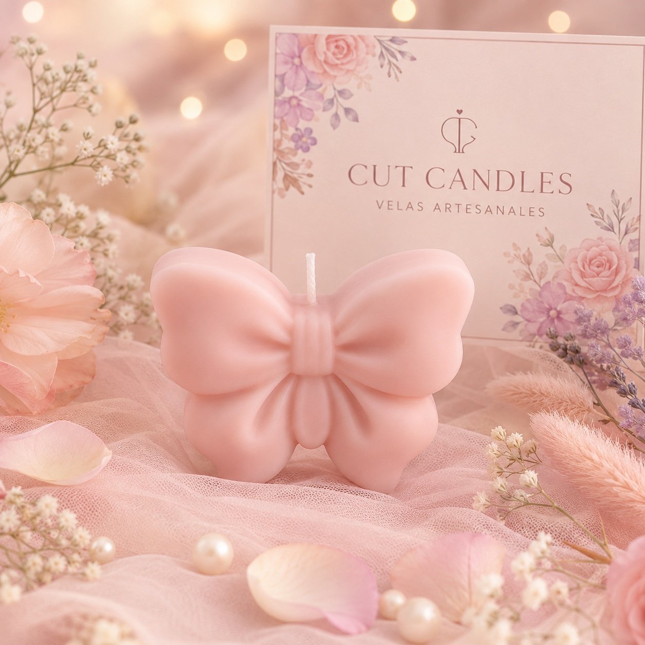 Mariposa de Rosa de Cut Candles: vela artesanal con forma de mariposa en rosa empolvado, hecha a mano en Mallorca — detalle romántico para bodas, pedidas, comuniones y celebraciones