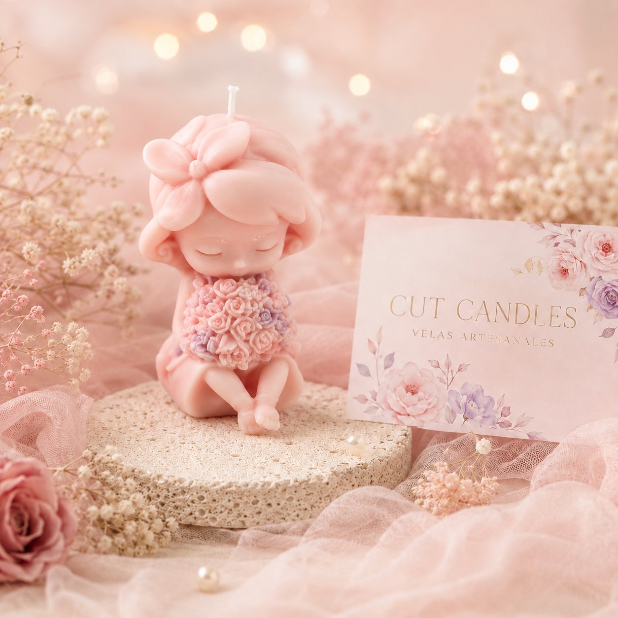 Niña de las Rosas de Cut Candles: vela artesanal con figura femenina sentada en rosa empolvado, gran flor en la cabeza y ramo de rosas entre las manos — hecha a mano en Mallorca, detalle para bautizos, baby showers y comuniones de niña