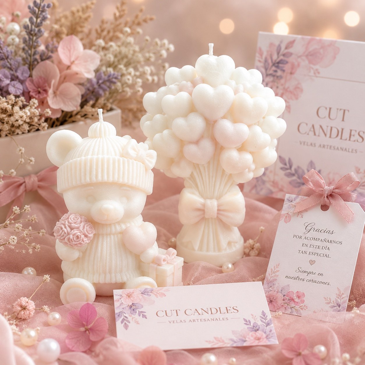 Ramo de Corazones de Cut Candles: vela escultórica con decenas de corazones agrupados como bouquet sobre pie con lazo, en cera de soja marfil — hecha a mano en Mallorca