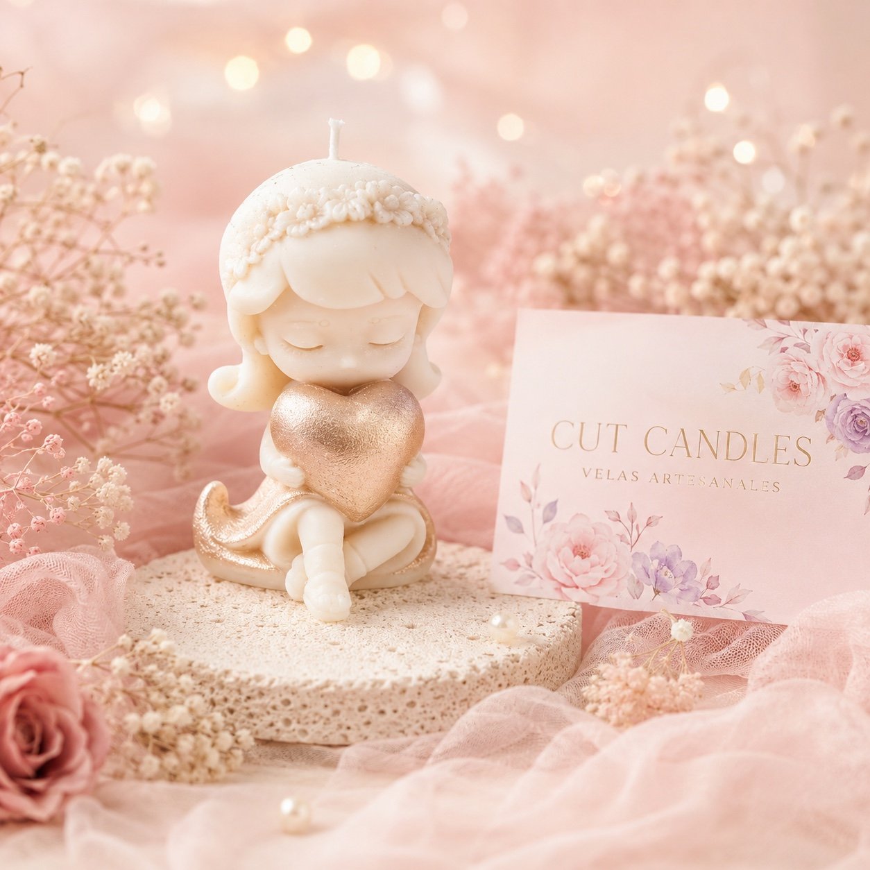 Princesita del Corazón de Cut Candles: vela artesanal con figura sentada, corona de florecitas y corazón dorado en las manos, en cera de soja marfil — hecha a mano en Mallorca, detalle para comuniones y bautizos