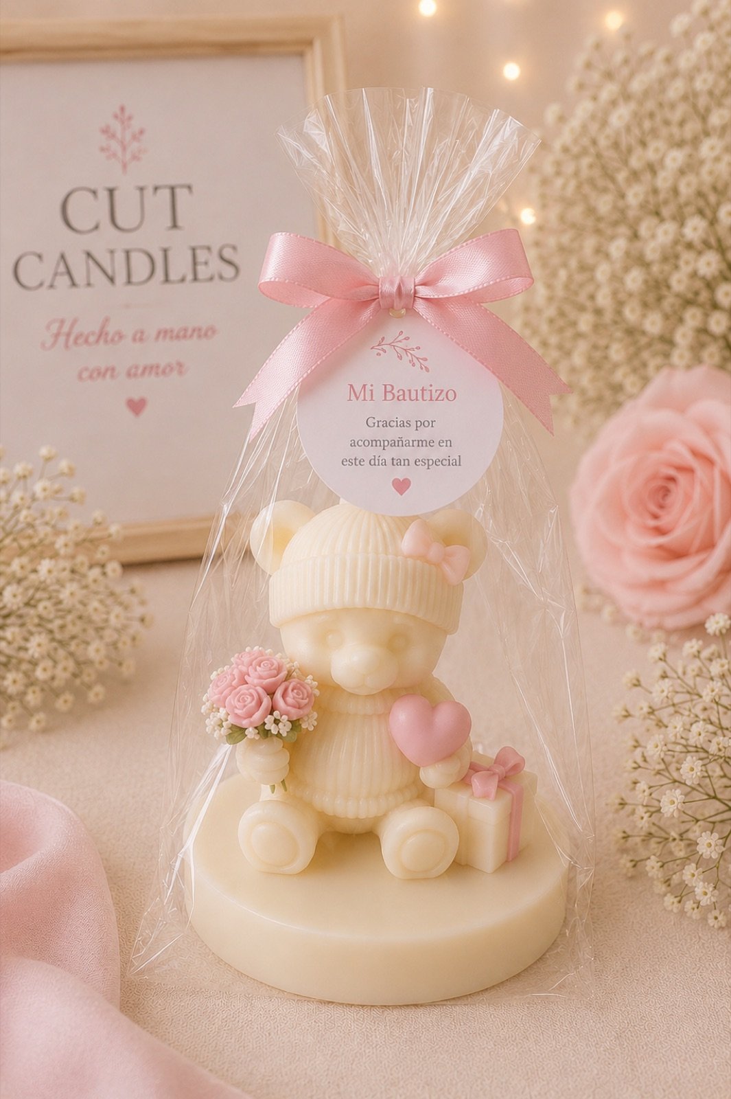 Osito Enamorado de Cut Candles: vela artesanal con osito, gorrito de punto, ramo de rosas y un pequeño corazón, en cera de soja marfil — hecha a mano en Mallorca