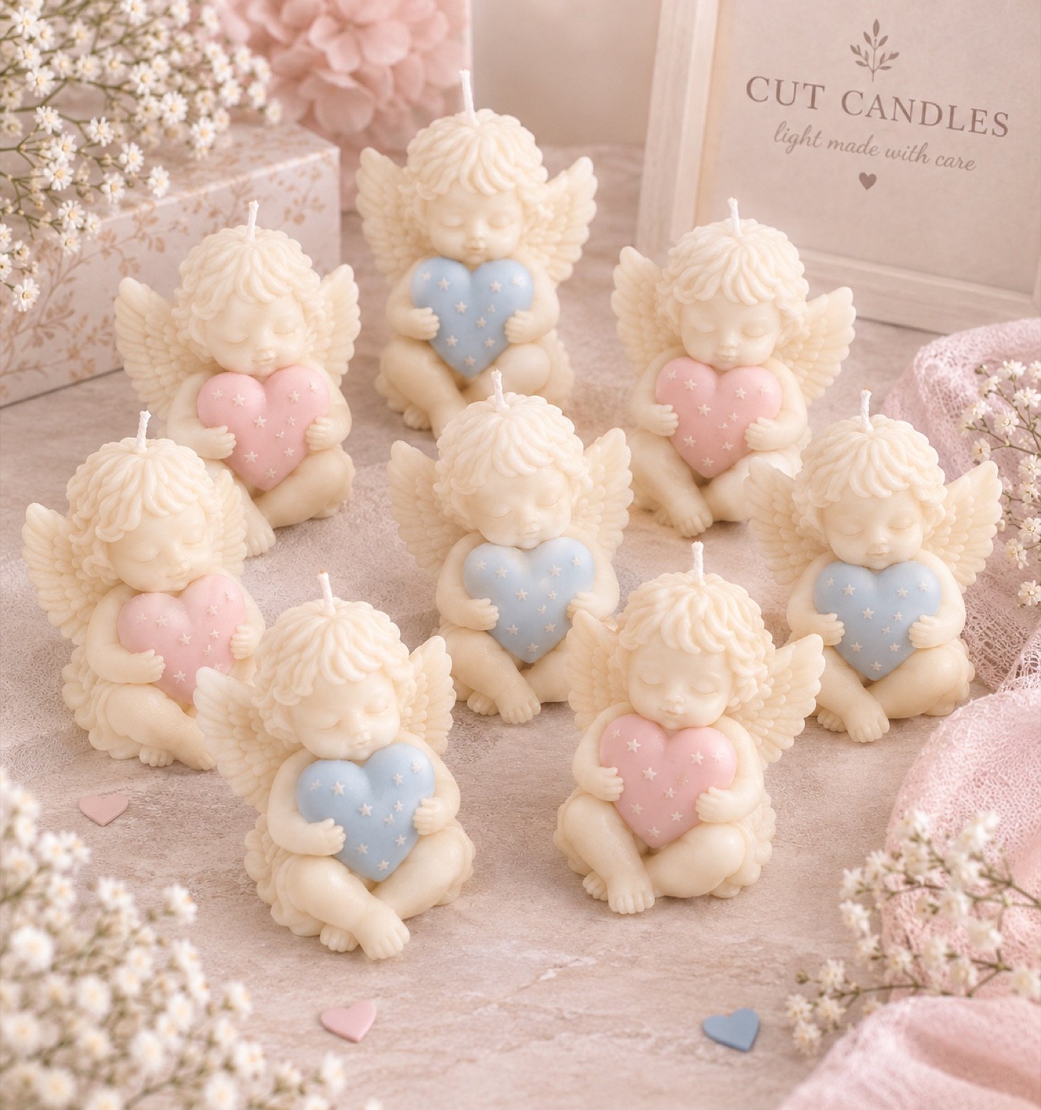 Ángeles de Cut Candles con corazón rosa y azul: velas de cera de soja de querubines abrazando un corazón con estrellas