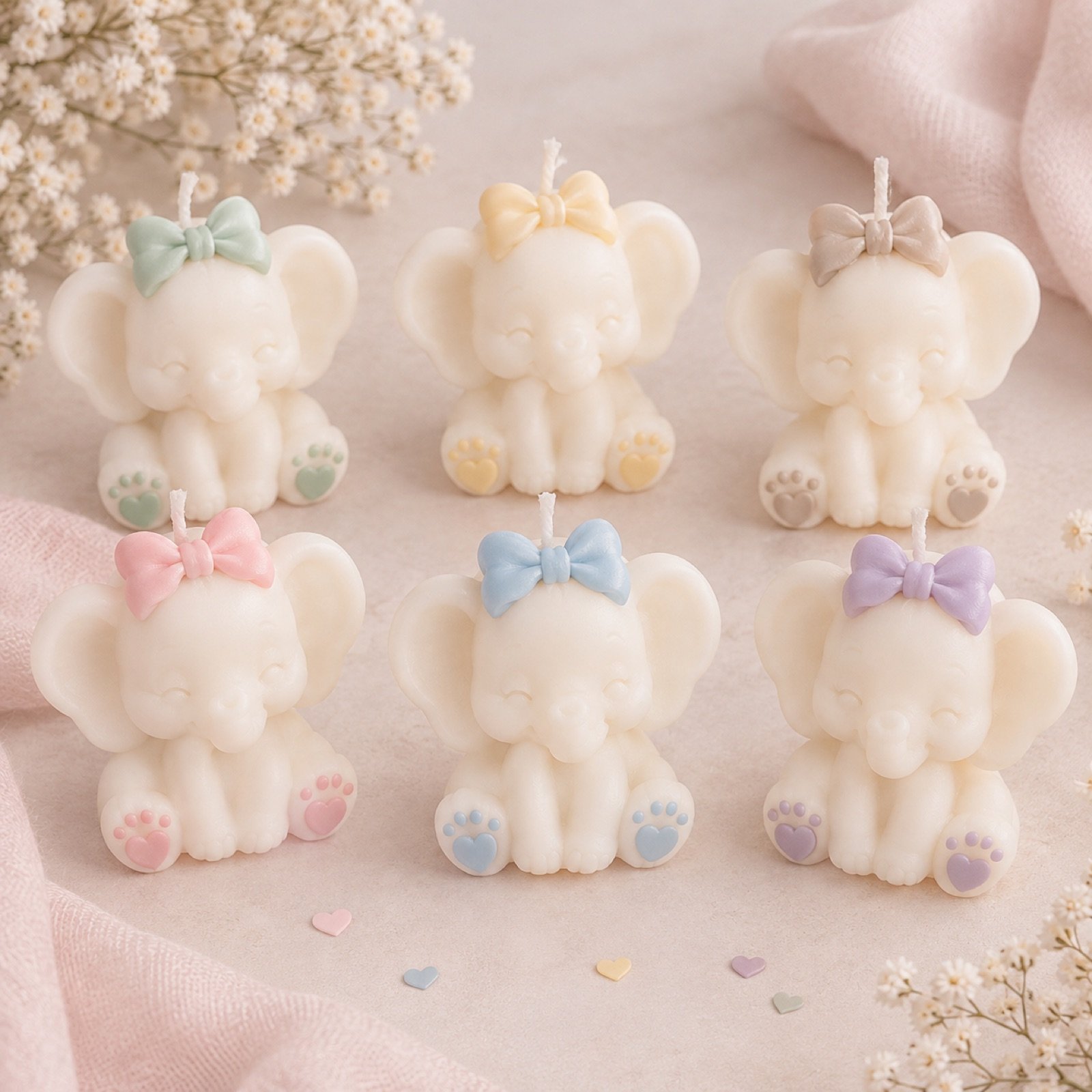 Elefantito de Cut Candles en varios colores: velas de cera de soja con forma de elefante bebé en marfil, con lacito y patitas en verde, amarillo, beige, rosa, azul y lila