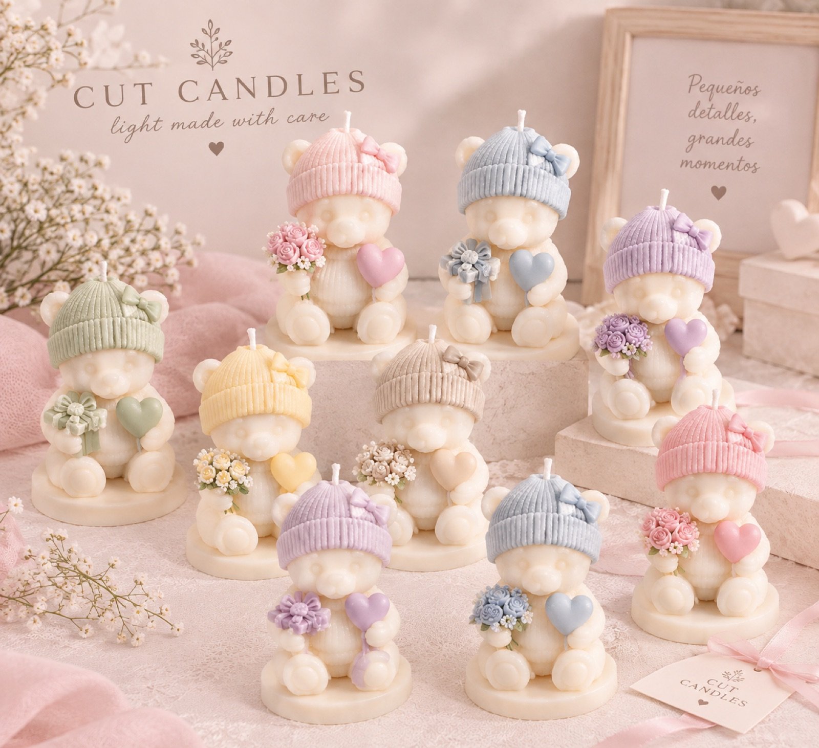 Ositos con gorrito de Cut Candles en varios colores: velas de cera de soja de ositos con gorrito de punto, ramillete de flores y corazón en rosa, azul, lila, verde, amarillo y beige