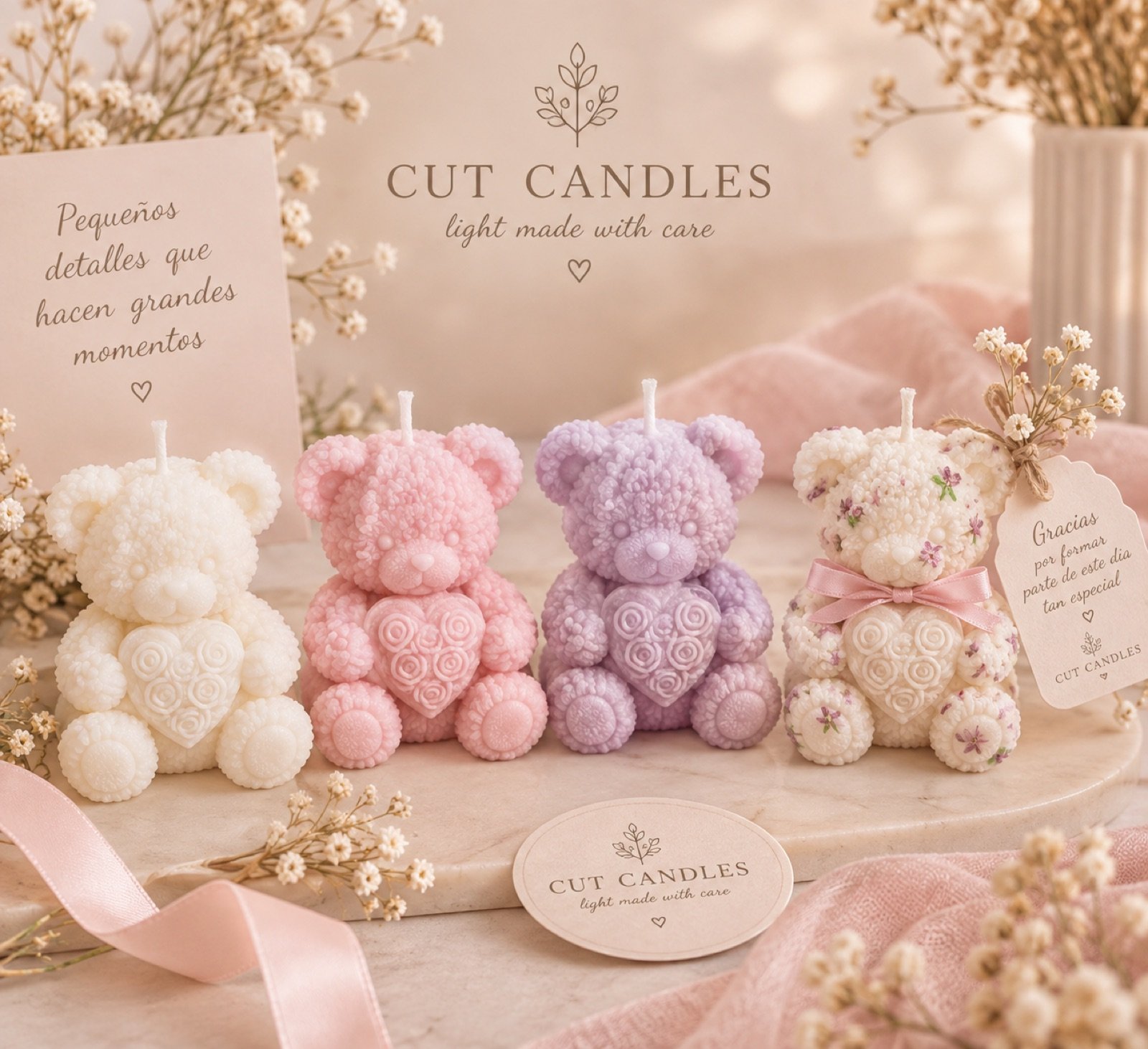Ositos Inseparables de Cut Candles en versión individual: ositos de cera de soja con corazón de rosas en marfil, rosa, lila y marfil con florecitas — hechos a mano en Mallorca