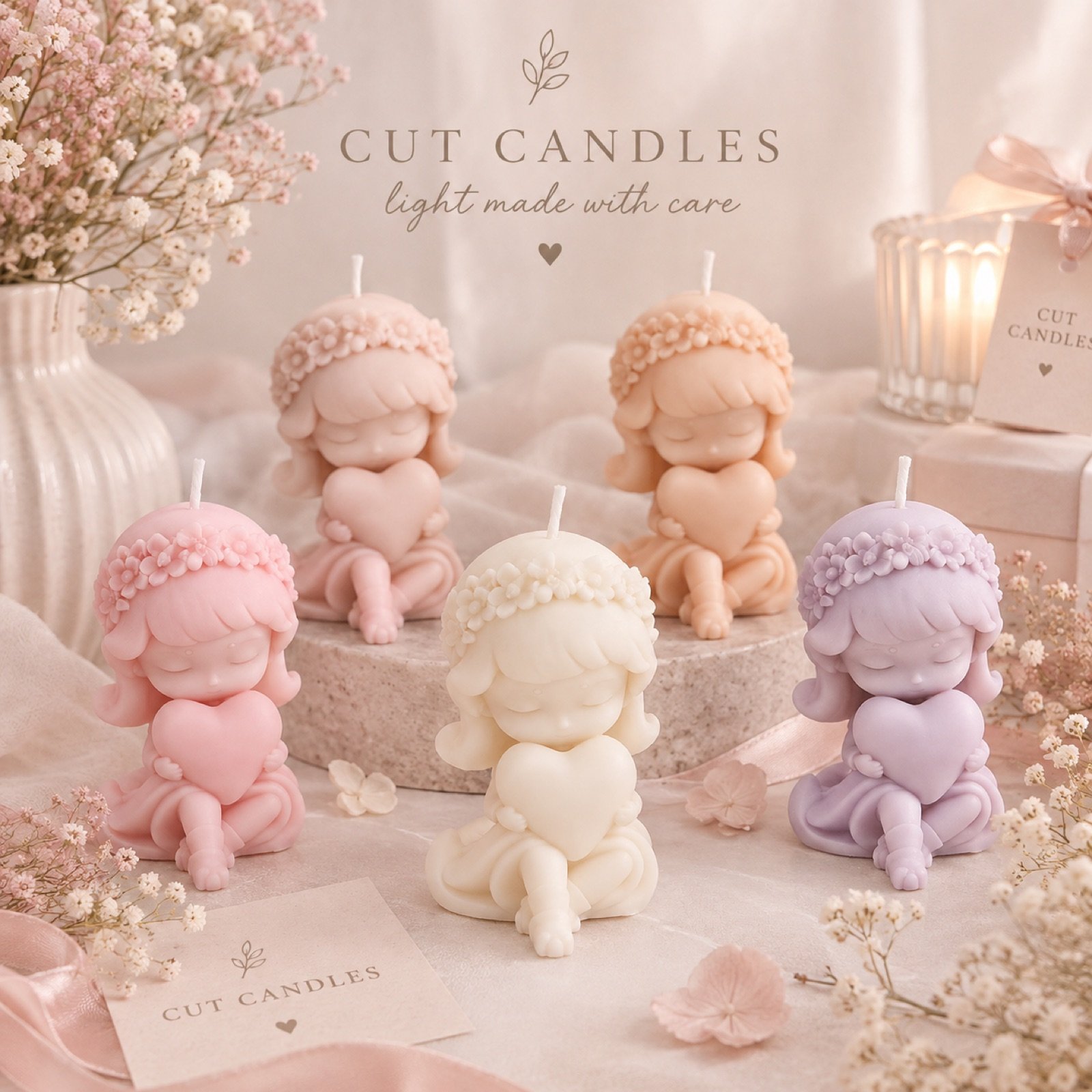 Princesita del Corazón de Cut Candles en tonos pastel: velas de cera de soja de una niña sentada con corona de flores abrazando un corazón, en rosa, marfil, melocotón y lila