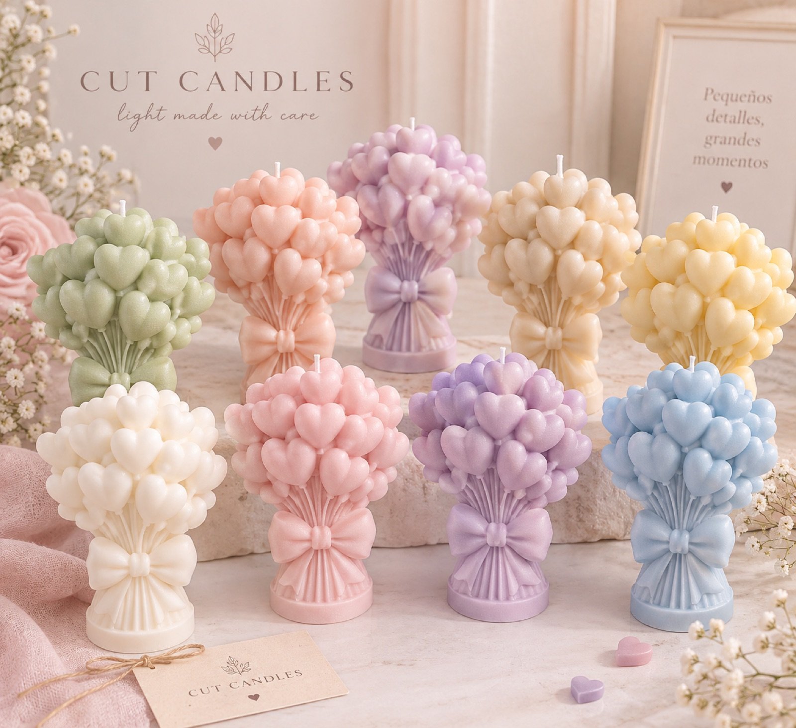 Ramo de Corazones de Cut Candles en varios colores: velas de cera de soja con forma de bouquet de corazones con lazo, en marfil, rosa, lila, azul, verde salvia, melocotón, beige y amarillo