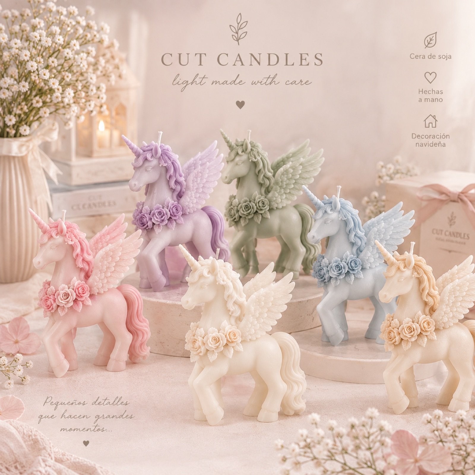 Unicornio Mágico de Cut Candles en varios colores: velas de cera de soja con forma de unicornio alado con collar de rosas, en rosa, lila, verde salvia, azul, marfil y crema
